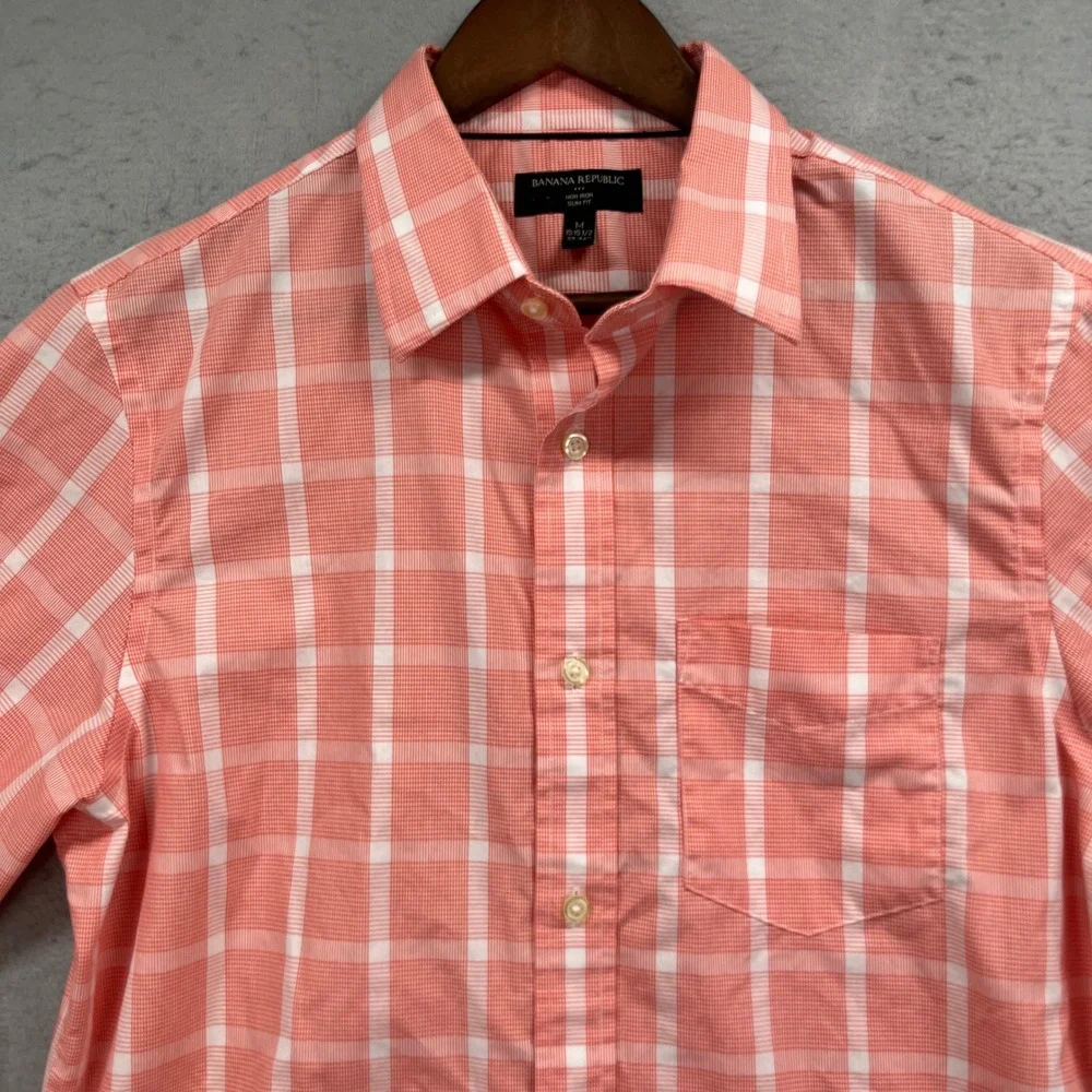 Banana Republic Button Up Shirt Mens M Orange White Slim Plaid Windowpane Dress